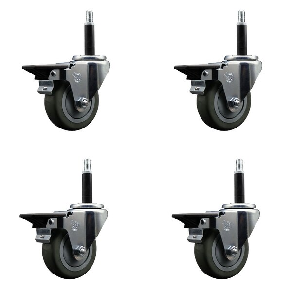 3.5'' Gray Poly Swivel 3/4'' Expanding Stem Caster Set with Brake, 4PK